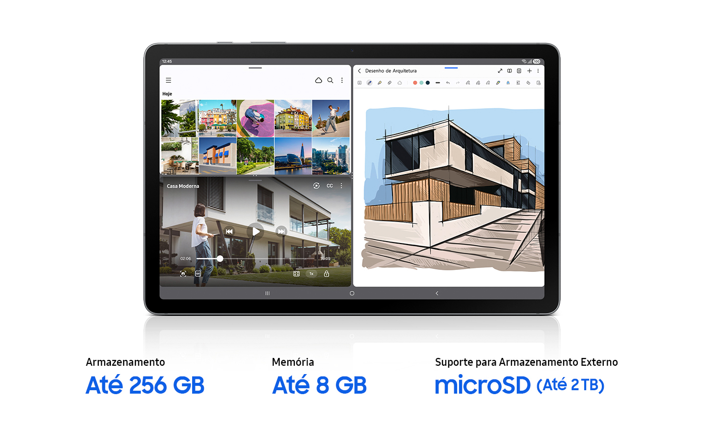 Galaxy Tab S10 Lite mostrando a tela grande executando a Gallery, um reprodutor de vídeo e o Samsung Notes ao mesmo tempo, demonstrando multitarefa suave com ampla memória e armazenamento para manter vários aplicativos abertos sem problemas. Leitura de texto Armazenamento de até 256 GB, memória de até 8 GB, suporte a armazenamento externo microSD (até 2 TB).